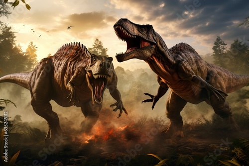 Fototapeta Naklejka Na Ścianę i Meble -  dinosaur scene of the two dinosaurs fighting