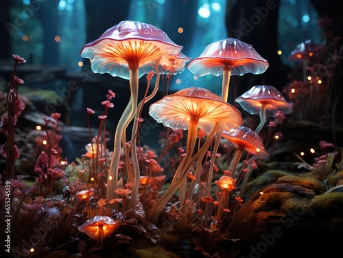 Illustration of a mesmerizing display of luminescent mushrooms in a mystical forest. Generative AI