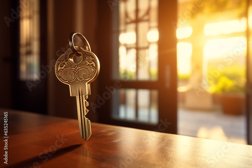 Closeup of a key on a table with a door blurred out in the background
