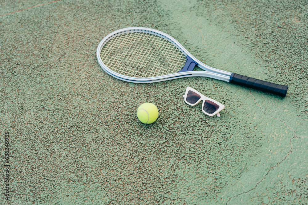 tennis racket ball and white glasses lie on the green tennis court top view