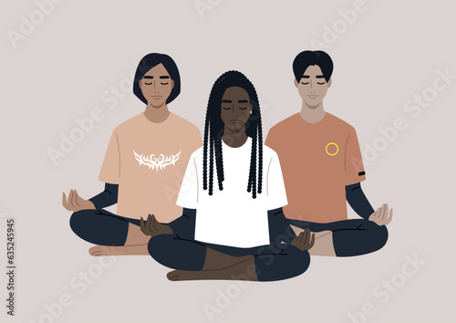 A gathering of serene young individuals practicing meditation in the lotus yoga pose, embodying the essence of a mindful lifestyle