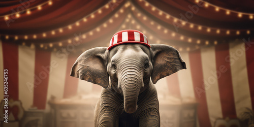 Striped background with elephant, Creative concept wallpaper of traveling circus with trained animals, circus poster. 3d render illustration style.  © SnowElf