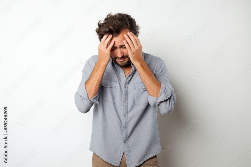 Portrait of a fictional disappointed man holding his head in his hands. Headache facepalm face expression. Generative AI.