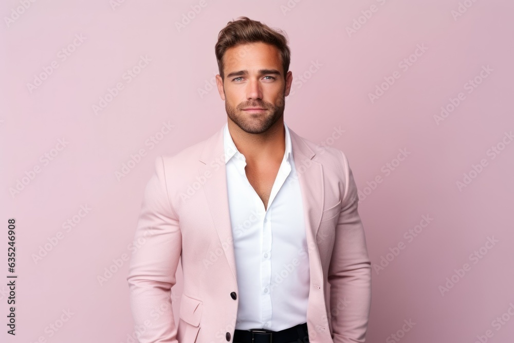 Portrait of a fictional elegant handsome man in a pink suit. Isolated on a plain colored background. Generative AI. Portrait of a fictional elegant handsome man in a pink suit. Isolated on a plain colored background. Generative AI.