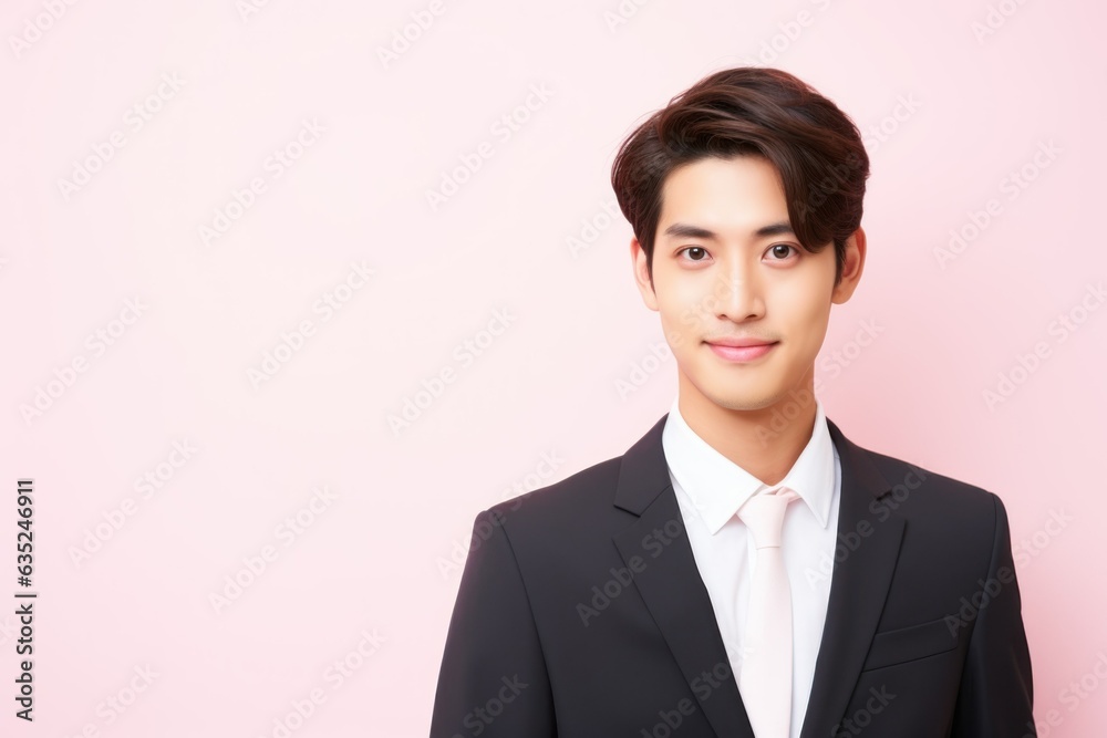 Portrait of a fictional Chinese businessman in a suit. Isolated on a pink background. Generative AI. Portrait of a fictional Chinese businessman in a suit. Isolated on a pink background. Generative AI.