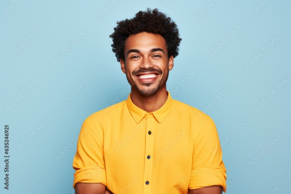Portrait of a young fictional man smiling. Isolated on a plain colored background. Generative AI. Portrait of a young fictional man smiling. Isolated on a plain colored background. Generative AI.