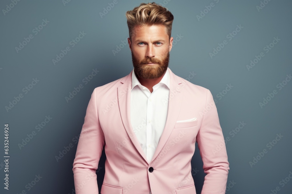 Portrait of a fictional elegant handsome man in a pink suit. Isolated on a plain colored background. Generative AI. Portrait of a fictional elegant handsome man in a pink suit. Isolated on a plain colored background. Generative AI.