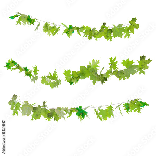 autumn summer green leaves garlands  curved and straight  isolated on transparent background.