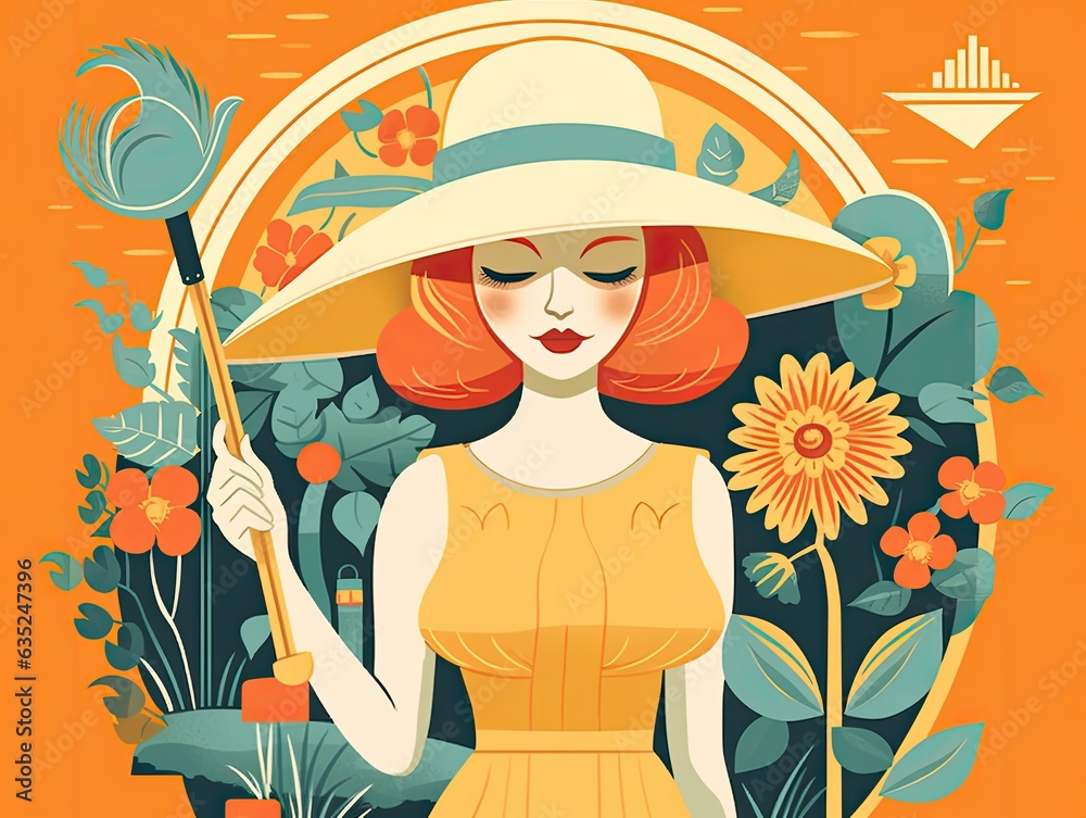Illustration of a woman in a yellow dress holding a sunflower. Generative AI