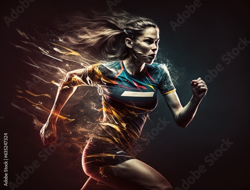 Illustration of a woman running in the dark with flowing hair. Generative AI