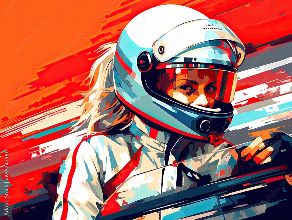 Fototapeta premium Illustration of a woman wearing a racing helmet in a vibrant and dynamic painting. Generative AI