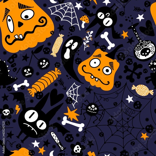 Fototapeta Naklejka Na Ścianę i Meble -  Halloween cartoon pumpkins seamless bat and ghost and candy and web pattern for wrapping paper and fabrics