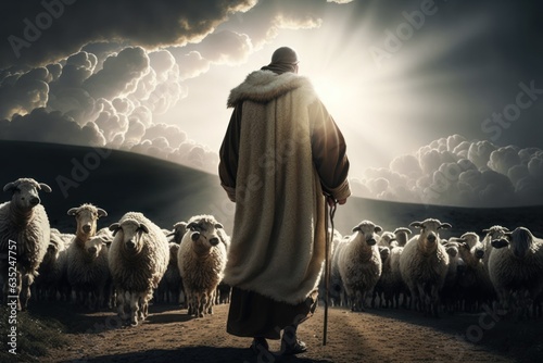 Fototapete The Good Shepherd: Jesus Christ Tending His Flock in Radiant Fields