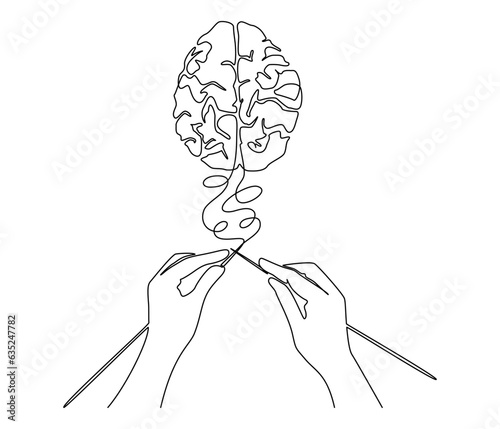 Continuous one line drawing of human hands knitting brain. Mental health and psychotherapy concept in simple linear style. Editable stroke. Doodle outline vector illustration