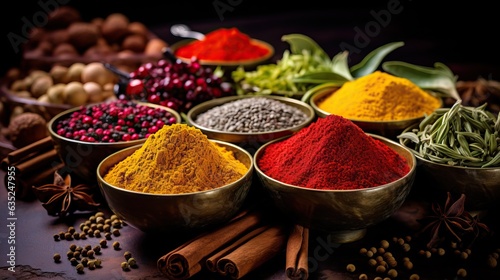 Traditional spices in vibrant colors. Delicious food photo. Intricate details.