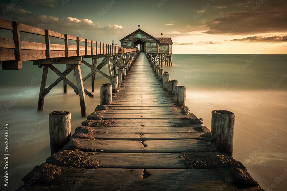 Fototapeta premium Serenity at Sunset: Captivating Image of a Wooden Pier Amidst the Tranquil Ocean