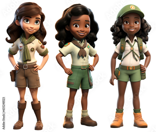 Set Of Cute Little girl scouts Kids Wear Scout honor uniform 3D render character cartoon style Isolated on transparent background