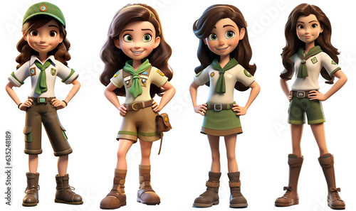Set Of Cute Little girl scouts Kids Wear Scout honor uniform 3D render character cartoon style Isolated on transparent background