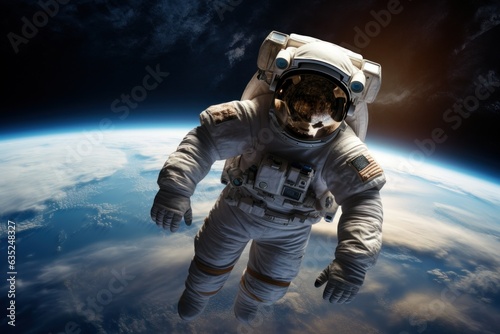 Celestial Visionary: Hyper-Realistic Image of Floating Astronaut, Earth's Vastness, Twinkling Stars, and Reflective Visor 