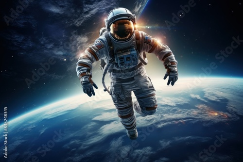 Starry Spacefarer: Hyper-Realistic Image of Astronaut Against Earth, Vastness of Space, Twinkling Stars, and Reflective Visor 