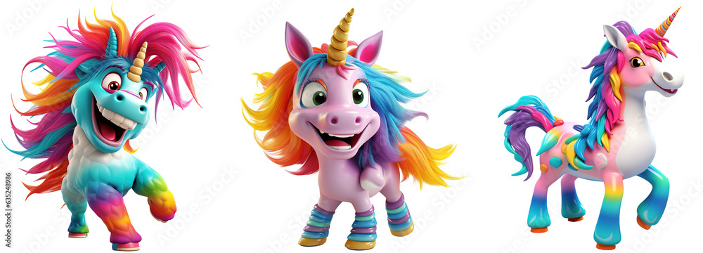 3D illustration of a happy unicorn on a rocking horse, with a very colorful mane. Concept of happiness, recklessness. 3D render character cartoon style Isolated on transparent background 3D illustration of a happy unicorn on a rocking horse, with a very colorful mane. Concept of happiness, recklessness. 3D render character cartoon style Isolated on transparent background