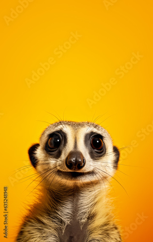 Cute meerkat or suricate mongoose with happy positive smiling expression. Copy space above. Generative AI