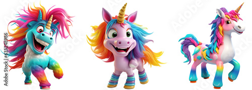 3D illustration of a happy unicorn on a rocking horse  with a very colorful mane. Concept of happiness  recklessness. 3D render character cartoon style Isolated on transparent background
