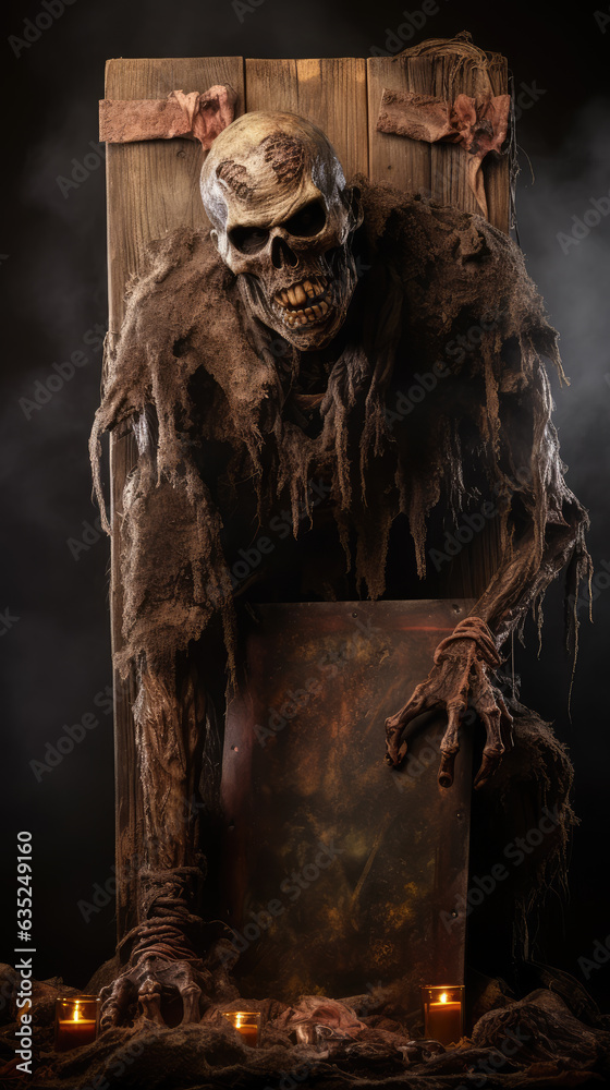 Zombie coming out of the ground holding wooden sign for party invitation in Halloween setting. Zombie coming out of the ground holding wooden sign for party invitation in Halloween setting.