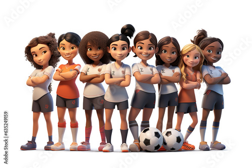 3d female football players. young girl Soccer team Cartoon soccer player. 3D render character cartoon style Isolated on transparent background