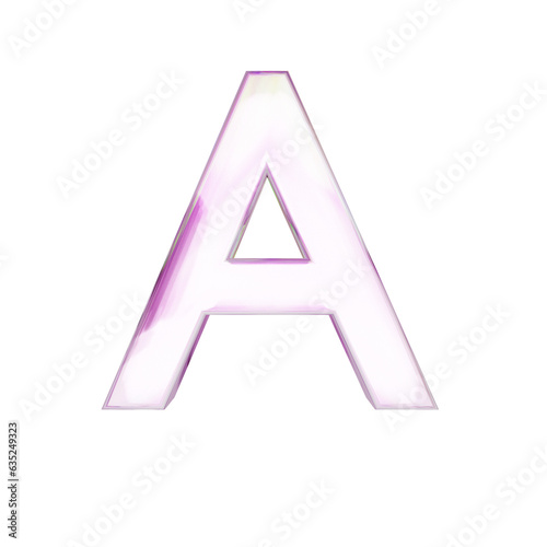 Letter "A" uppercase on transparent background. pink transparent glass 3D render font with dispersion.