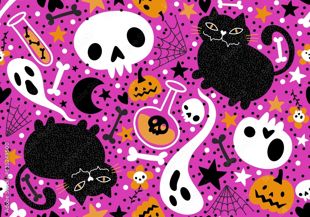 Halloween cats and pumpkins seamless ghost and bones pattern for wrapping paper and fabrics and kids Halloween cats and pumpkins seamless ghost and bones pattern for wrapping paper and fabrics and kids