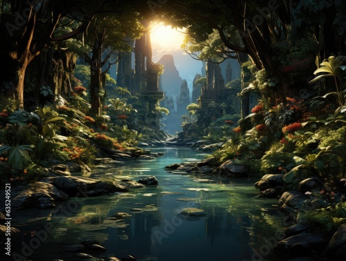 Illustration of a serene river flowing through a vibrant green forest. Generative AI