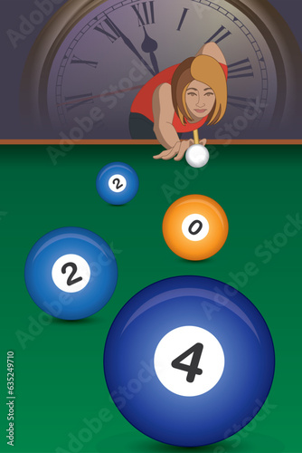 2024 happy new year concept of female billiards player, taking aim at cue ball to hit balls with 2,0, 2 and 4 on billiards table