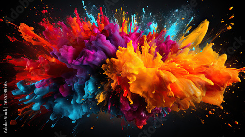 Colourful liquid paint explosion with red, purple, blue and yellow colours