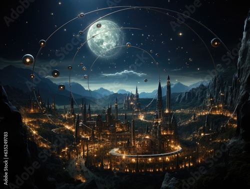 Illustration of a futuristic cityscape illuminated by the night sky with planets shining overhead. Generative AI photo