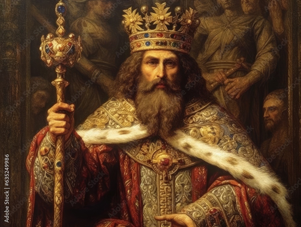 Fototapeta premium Illustration of a regal figure adorned with a crown and wielding a sword. Generative AI