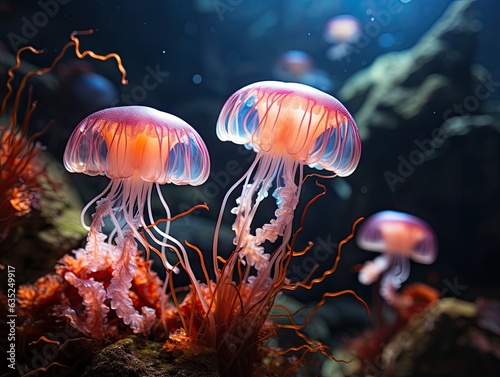 Illustration of a mesmerizing display of jellyfish swimming in an aquarium. Generative AI © byarnoldus