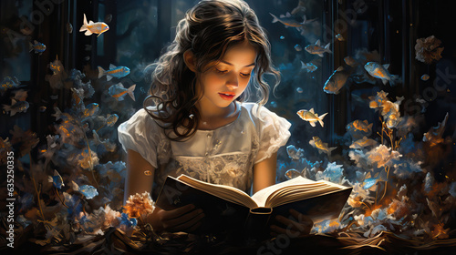 Young girl sitting and reading while her imagination comes to life.