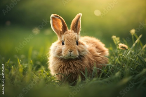 Cute adorable fluffy rabbit in the grass background, animal banner with copy space text 
