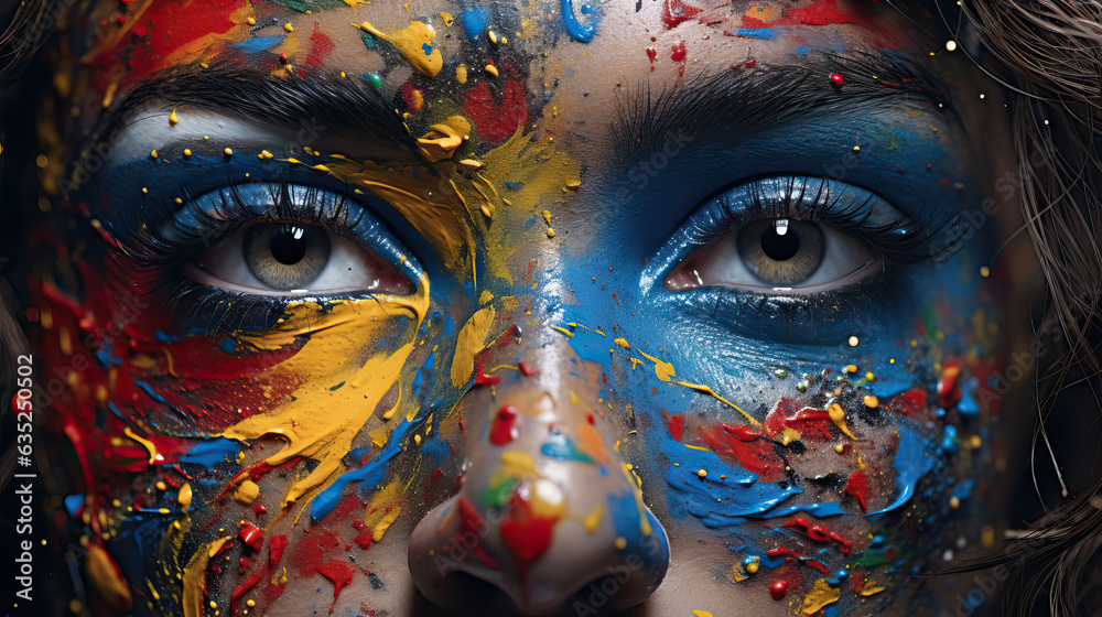 Close up of a woman's face with colourful paint 