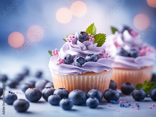 Blueberry cupcake on a blur background photo