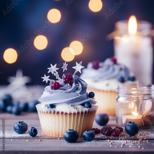 Blueberry cupcake on a blur background photo