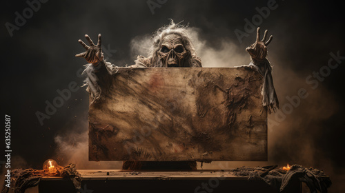 Zombie coming out of the ground holding wooden sign for party invitation in Halloween setting. © Bnetto