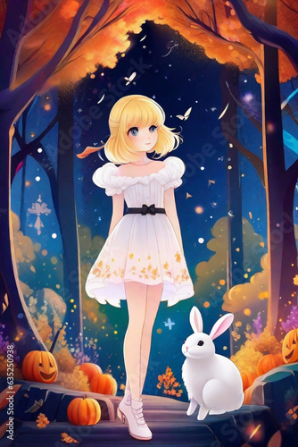 Halloween Bunny Fantasy, Blonde Bobbed Anime Girl in White Dress photo