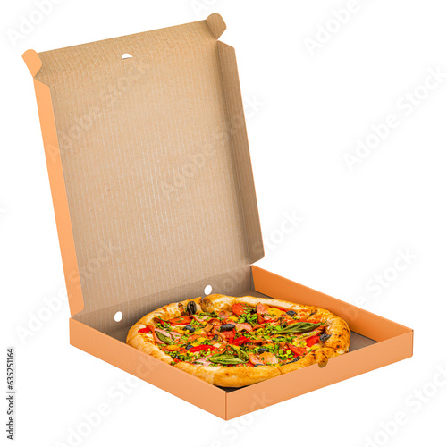 Opened pizza box with pizza, 3D rendering isolated on transparent background