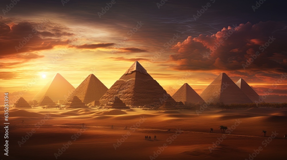 Landscape with ancient Egyptian pyramids, beautiful sunset. AI generation