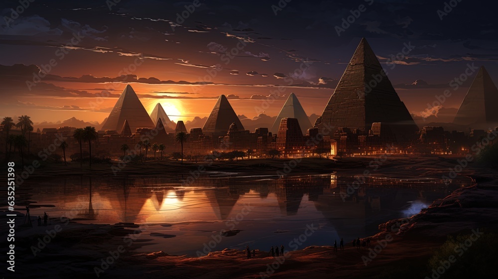 Landscape with ancient Egyptian pyramids, beautiful sunset. AI generation - obrazy, fototapety, plakaty 