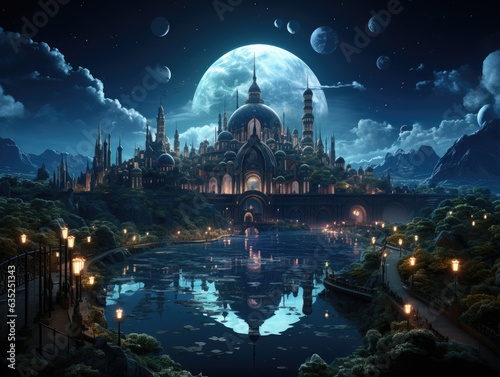 Illustration of a majestic castle illuminated under a starry night sky. Generative AI