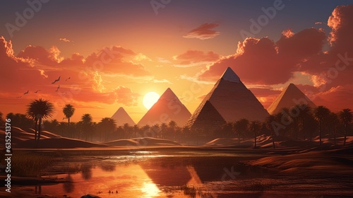 Landscape with ancient Egyptian pyramids  beautiful sunset. AI generation
