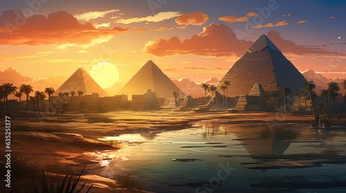 Landscape with ancient Egyptian pyramids, beautiful sunset. AI generation